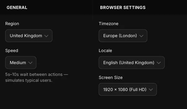Evaluat test plan settings: region United Kingdom, Medium browser speed, Europe (London) timezone, English (United Kingdom) locale, and a 1920 by 1080 viewport.